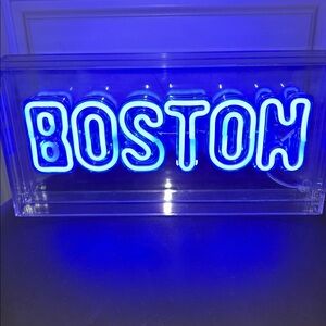Blue “BOSTON" Neon LED Sign Encased in a Clear Acrylic Box, 11.5” L x 6” H